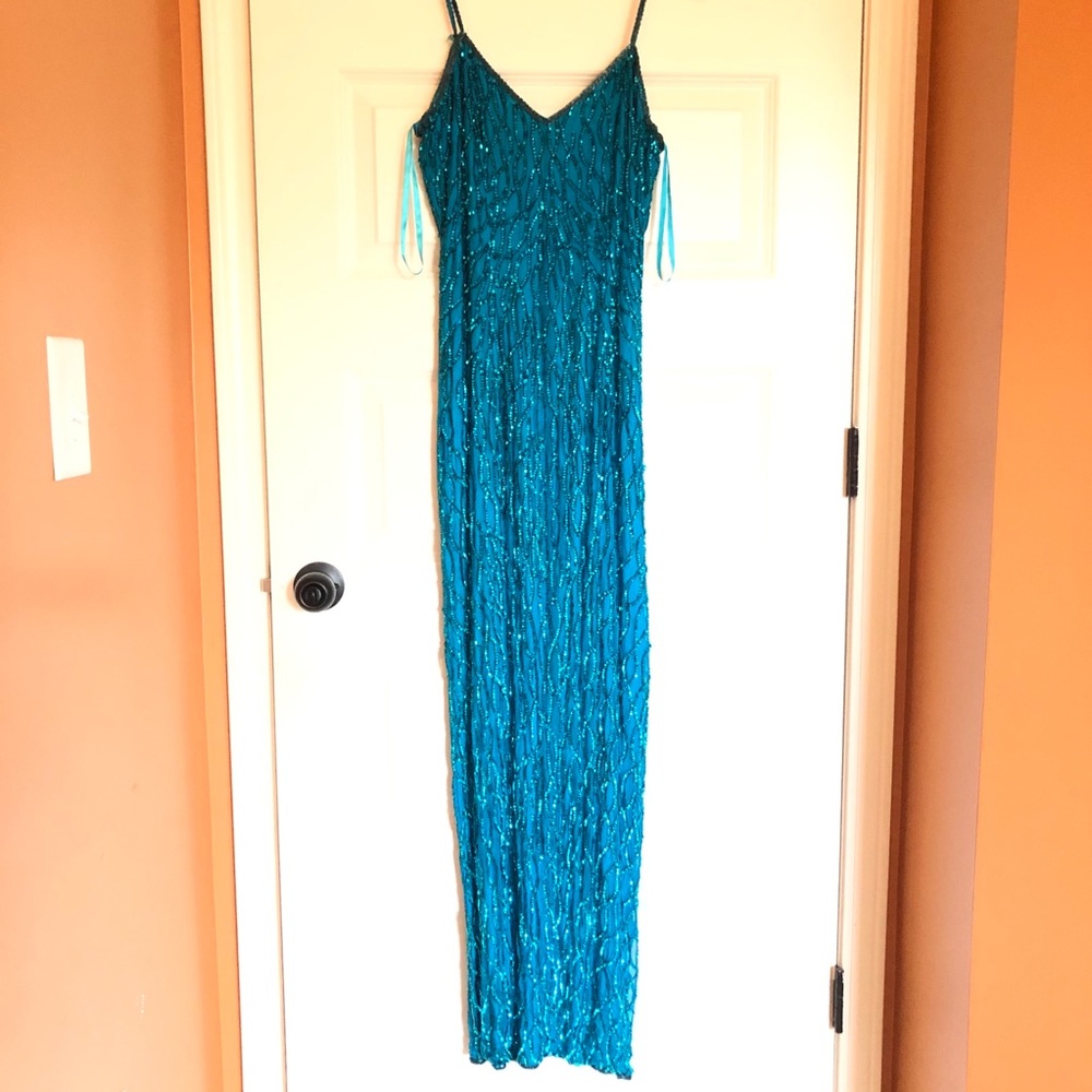 Vintage Peacock Blue Beaded and Sequin Gown